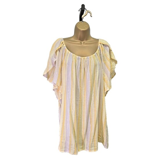 Cato Linen Blend Yellow Stripe Blouse Womens 22 24 Metallic Thread Flutter Boho - Picture 1 of 8